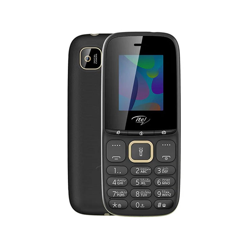 itel 2173 feature phone showcasing the front view with display on and the back view with camera and battery visible